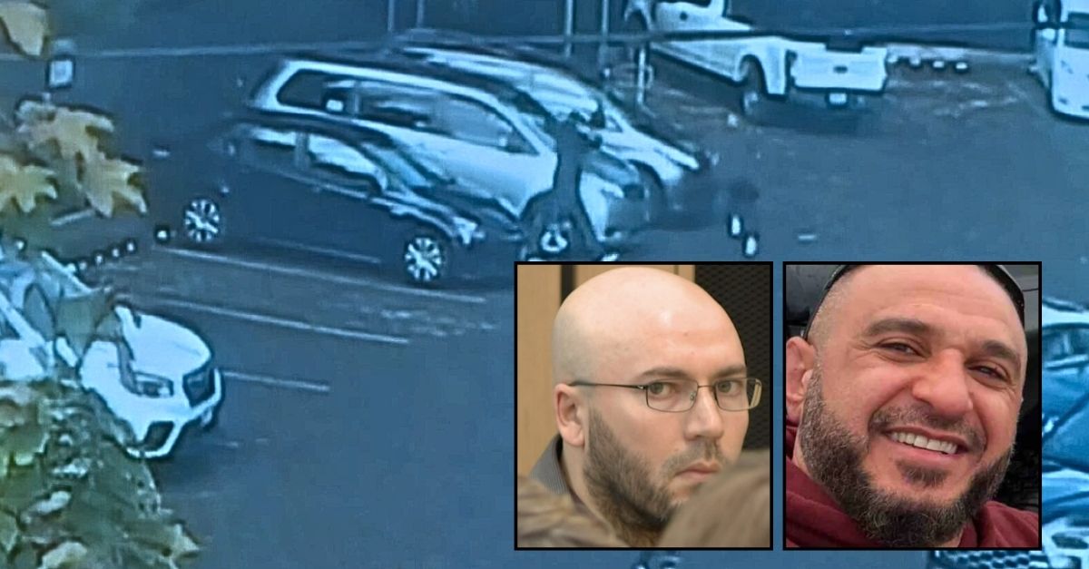 Left inset: Noureddine Dib (KGW). Right inset: Michael Zakarneh (GoFundMe). Background: Surveillance footage showing Noureddine Dib shooting Michael Zakarneh outside an Oregon school during student pick-up time (KGW/Multnomah County District Attorney's Office). 
