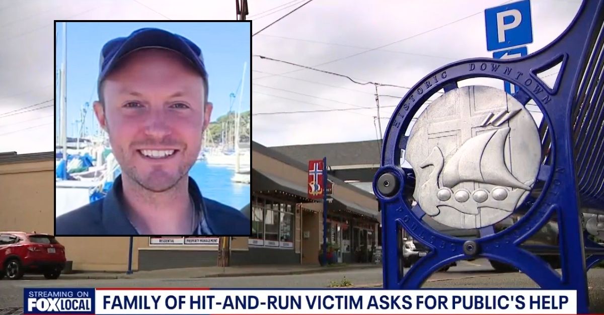 Inset: Robert Rathvon (KOMO/YouTube). Background: The area in Poulsbo, Wash., where Robert Rathvon was killed by a hit-and-run driver (KCPQ/YouTube).