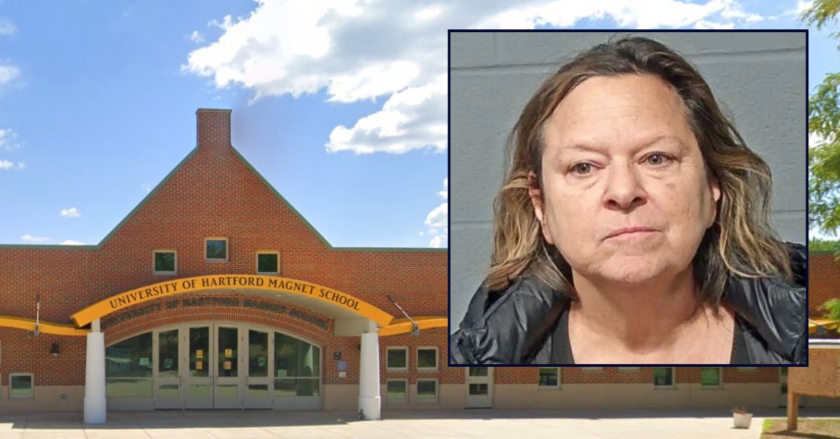 Inset: Stacy Vaughn Marcella (Hartford Police Department). Background: University of Hartford Magnet School where the incident allegedly took place (Google Maps).