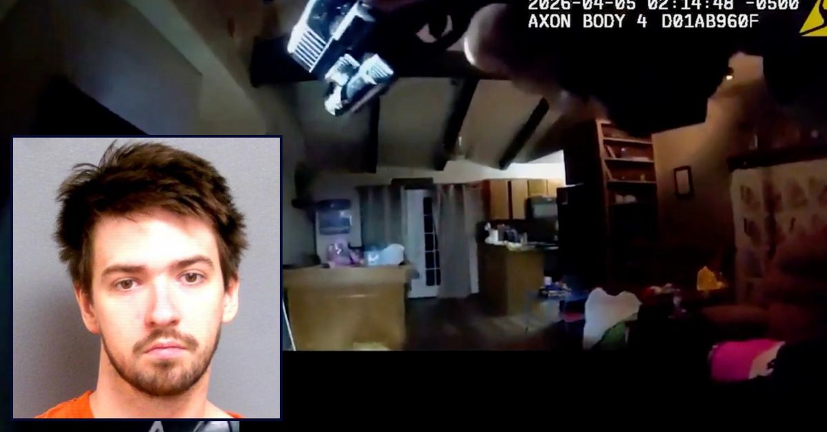 Inset: Connor A. Kinnamon (Payne County Jail). Background: Authorities entering the Oklahoma home where Kinnamon allegedly shot and killed the mother of his child (KWTV). 