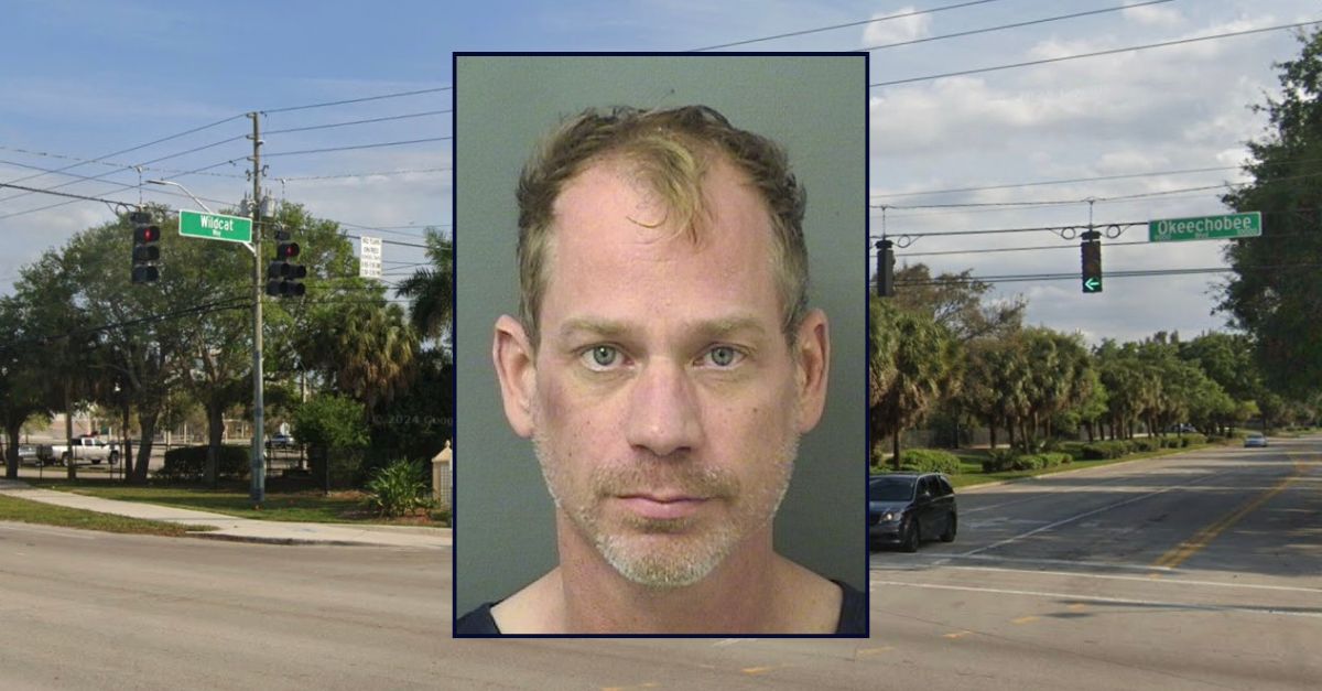Inset: Nathaniel Rayman (Palm Beach County Jail). Background: The Florida intersection where Rayman allegedly rammed a pregnant woman and her two kids with his SUV (Google Maps).