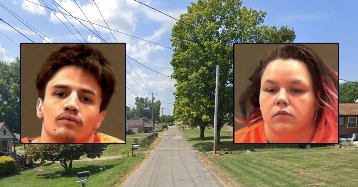 Inset, left to right: Caleb Shane Decapio and Hope Lynn Taylor (Northern Regional Jail). Background: The area in West Virginia where the couple lived when their newborn died (Google Maps).