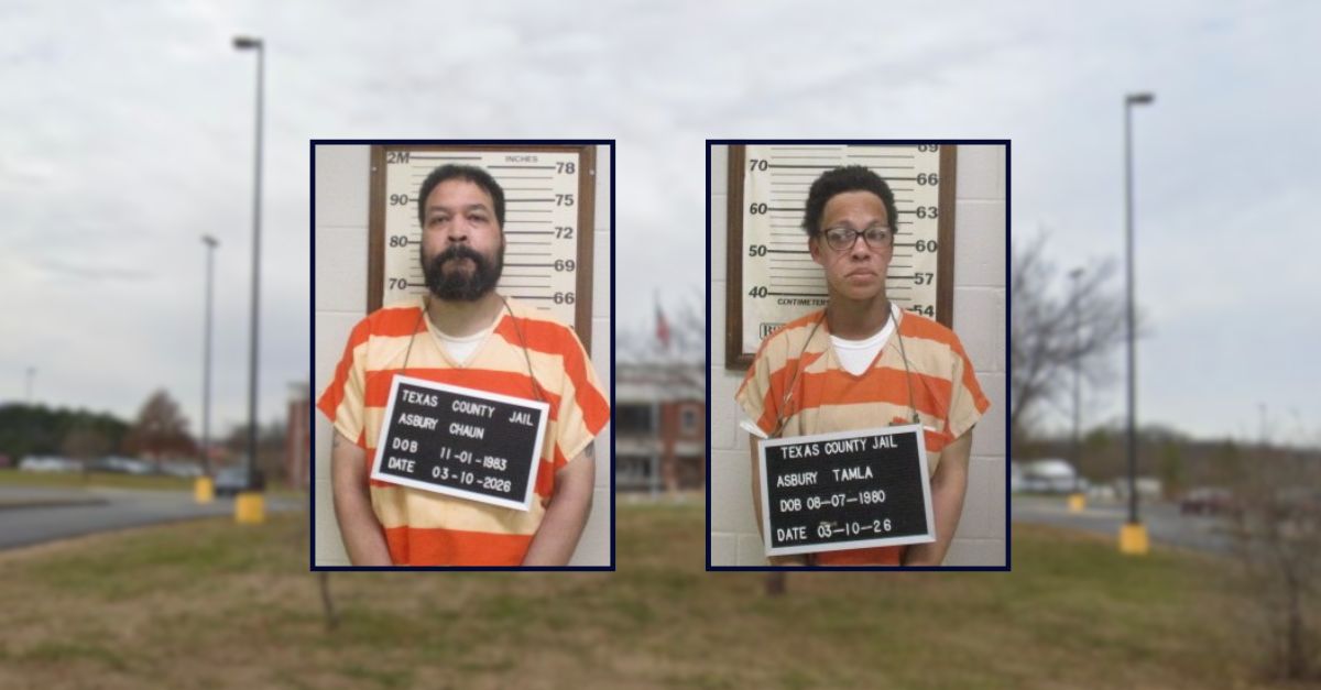 Left to right: Chaun and Tamala Asbury inset against an image of a justice center in Missouri.