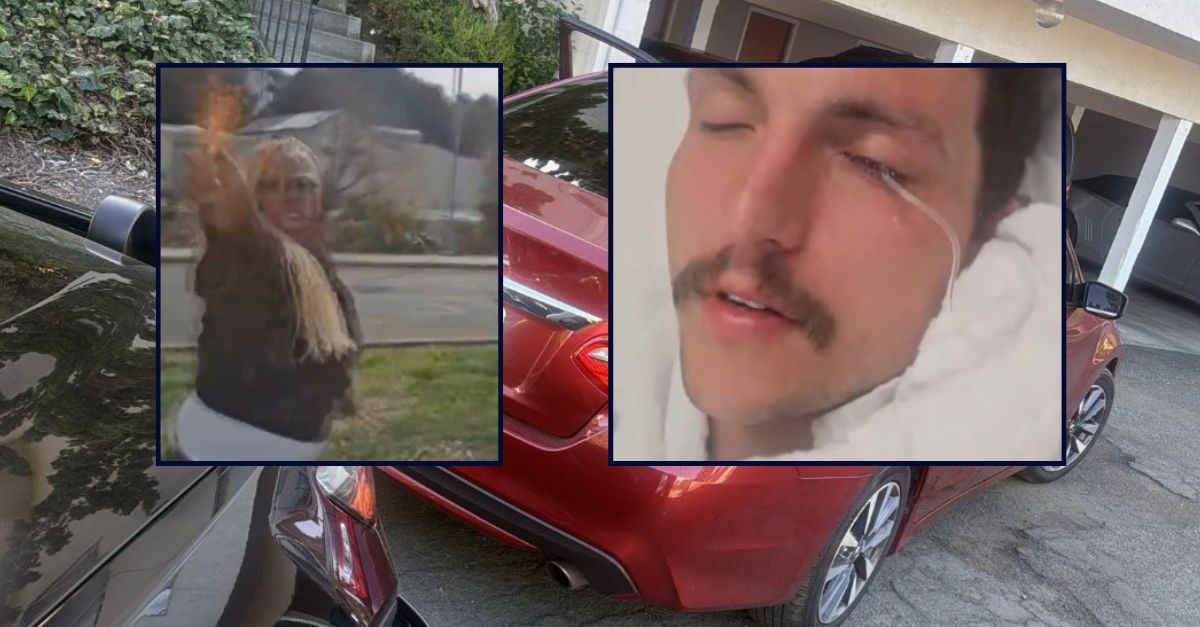 A woman identified as Tiffany Bagby appears inset firing pepper spray on the left; Joseph Vallely appears inset on the right; against an image of the defendant's Nissan Altima.
