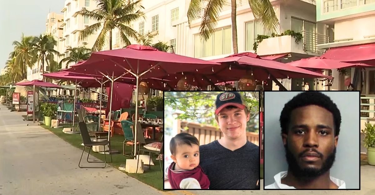 Left inset: Dustin Wakefield (GoFundMe). Right inset: Tamarius Davis (Miami-Dade Corrections and Rehabilitation). Background: The sidewalk cafe in Miami, Fla., where Dustin Wakefield was shot and killed by Tamarius Davis while protecting his son (WPLG/YouTube).