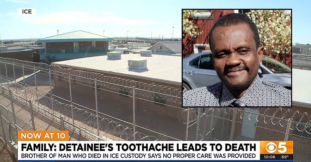 Inset: Emmanuel Damas (Damas family). Background: The ICE facility in Arizona where Emmanuel Damas was being held before his death from a tooth infection (AZFamily/YouTube).