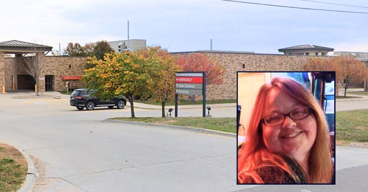 Inset: Laura Belt (Tharp Funeral Home and Crematory). Background: The Iowa hospital where Laura Belt had the hernia repair surgery that led to her death (Google Maps).