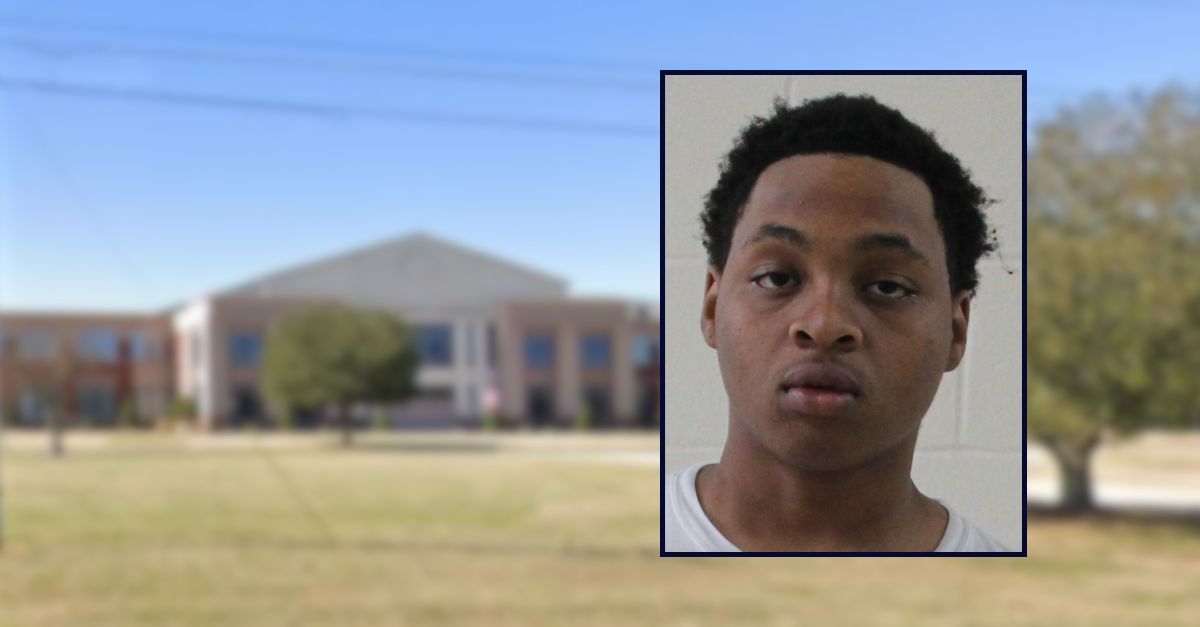Lucas Hayden appears in a booking photo inset against an image of a municipal complex in Georgia.