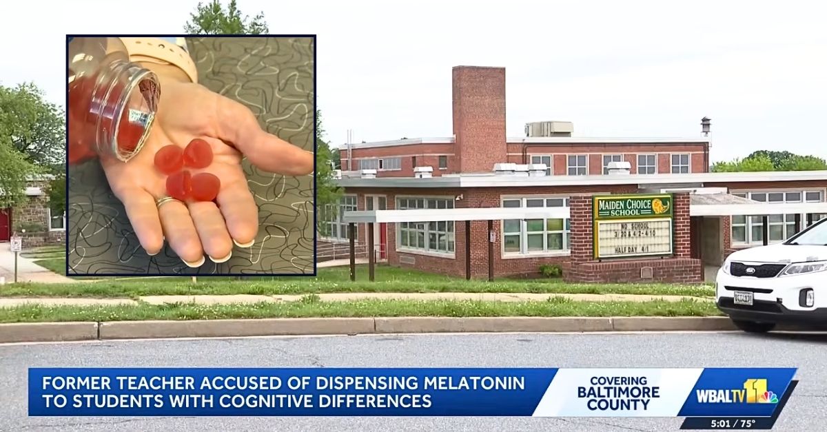 Inset: Melatonin gummies . Background: The Maryland school where a former teacher allegedly fed special needs students melatonin at the start of each day (WBAL/YouTube).