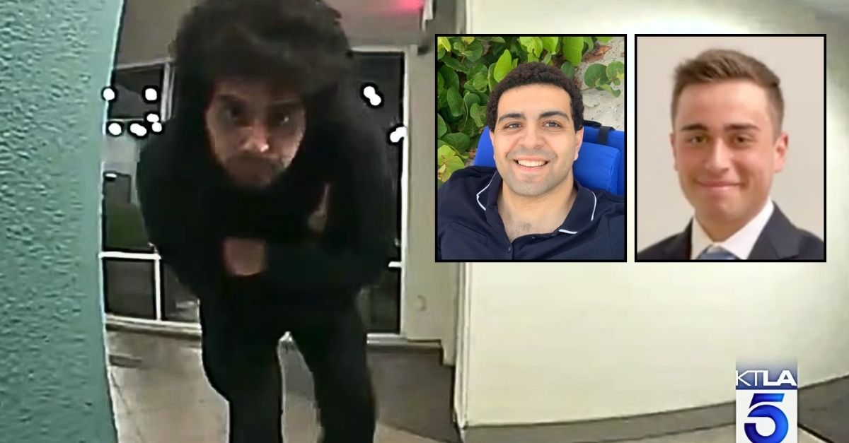 Left inset: Ramy Fahim (LinkedIn). Right inset: Griffin Cuomo (Chapman University). Background: Ring camera footage showing Ramy Fahim inside Griffin Cuomo's California apartment building before he stabbed Cuomo to death (KTLA/YouTube). 