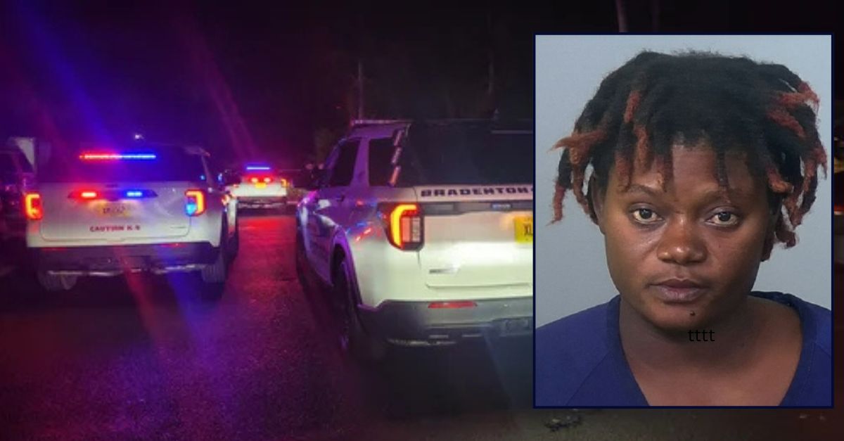 Inset: Rosette Pierrecius (bradenton Police Dept.). Background: Officers responding to the apartment complex where Pierrecius' 4-year-old daughter drowned (BPD).