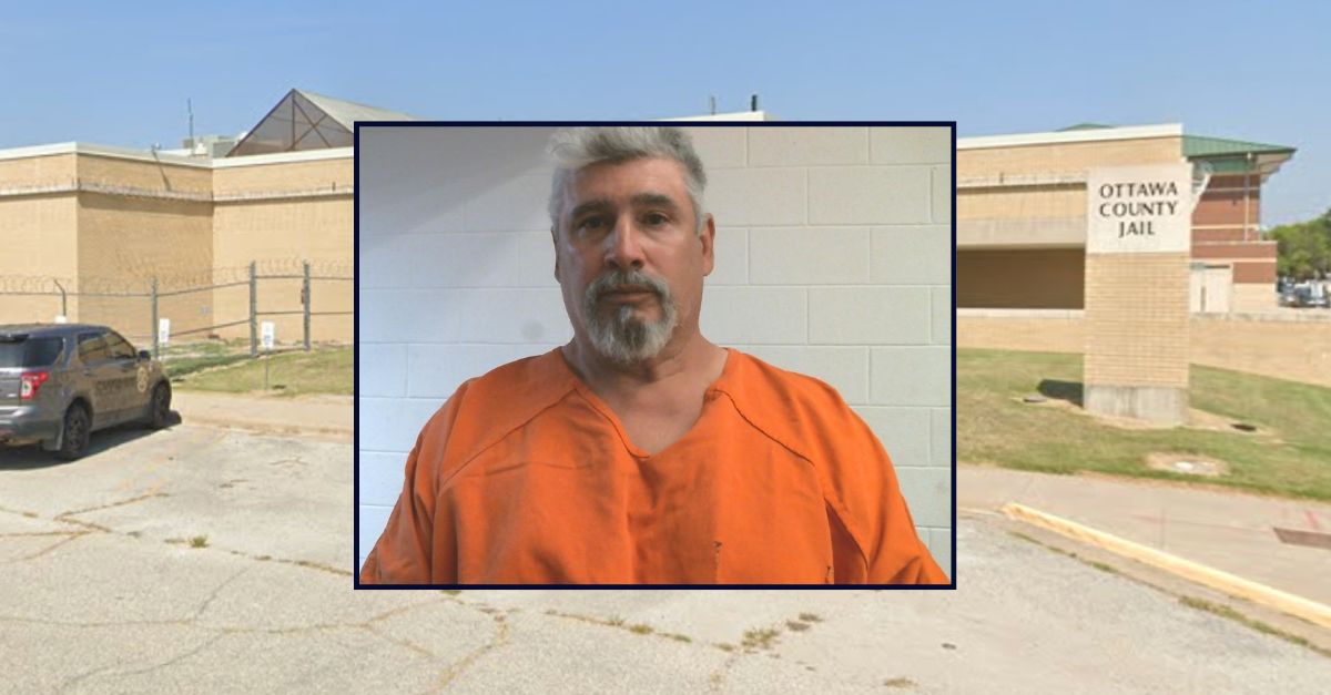 Terry Grant appears in a booking photo inset against an image of a jail in Oklahoma.