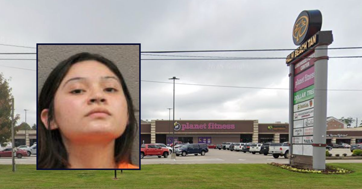 Yamilet Rubio Carcamo appears in a booking photo inset against an image of a strip mall in Texas.