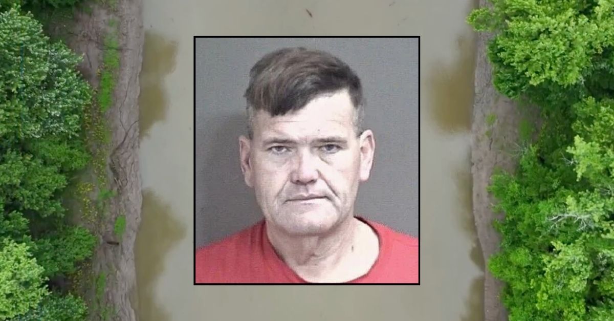 Inset: Andrew Acton (Boone CountySheriff's Office). Background: The Missouri creek where Andrew Acton allegedly dumped a "trash bin" with his girlfriend's body inside after strangling and smothering her (KOMU/YouTube).