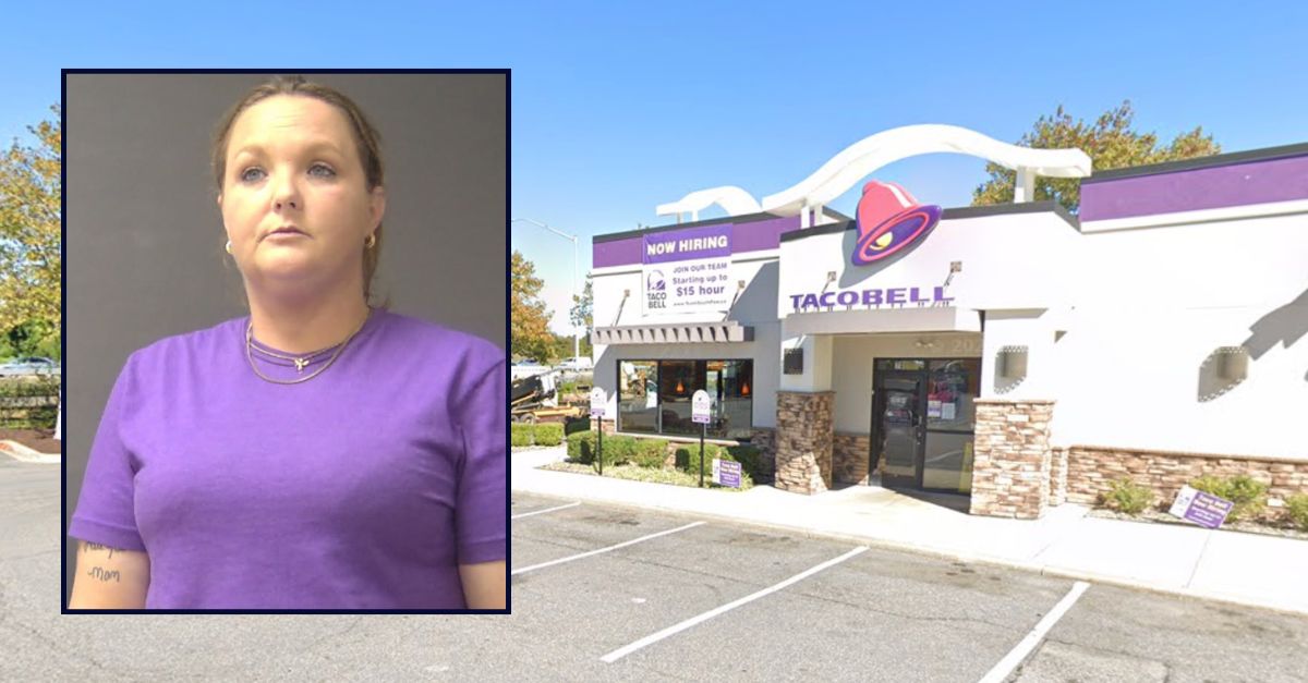 Ashley Andrews appears successful  a booking photograph  inset against an representation  of a Taco Bell successful  Maryland.