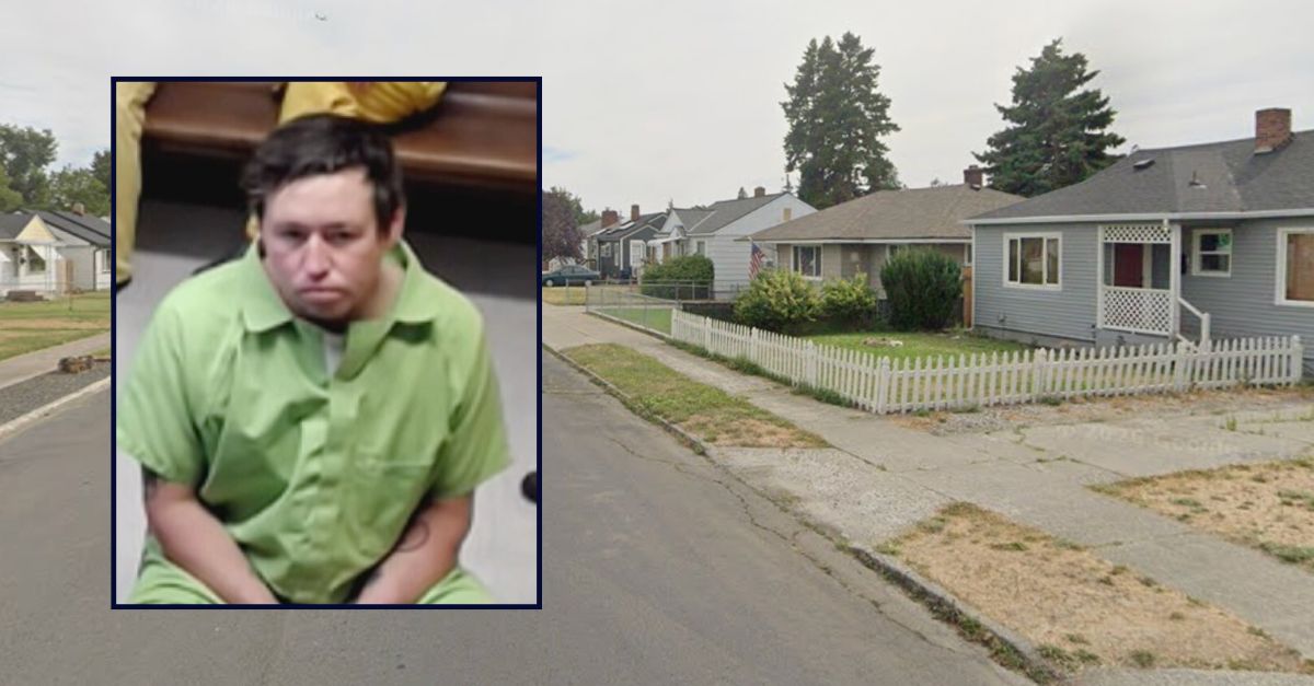 Josiah Ballinger appears in court inset against an image of a street in Spokane.