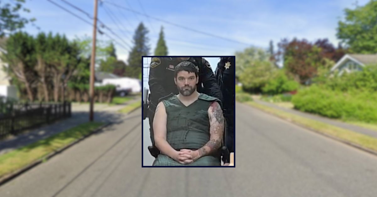 Brandon Michael Holland appears in an image being wheeled into court by police; inset against an image of a residential street in Washington.