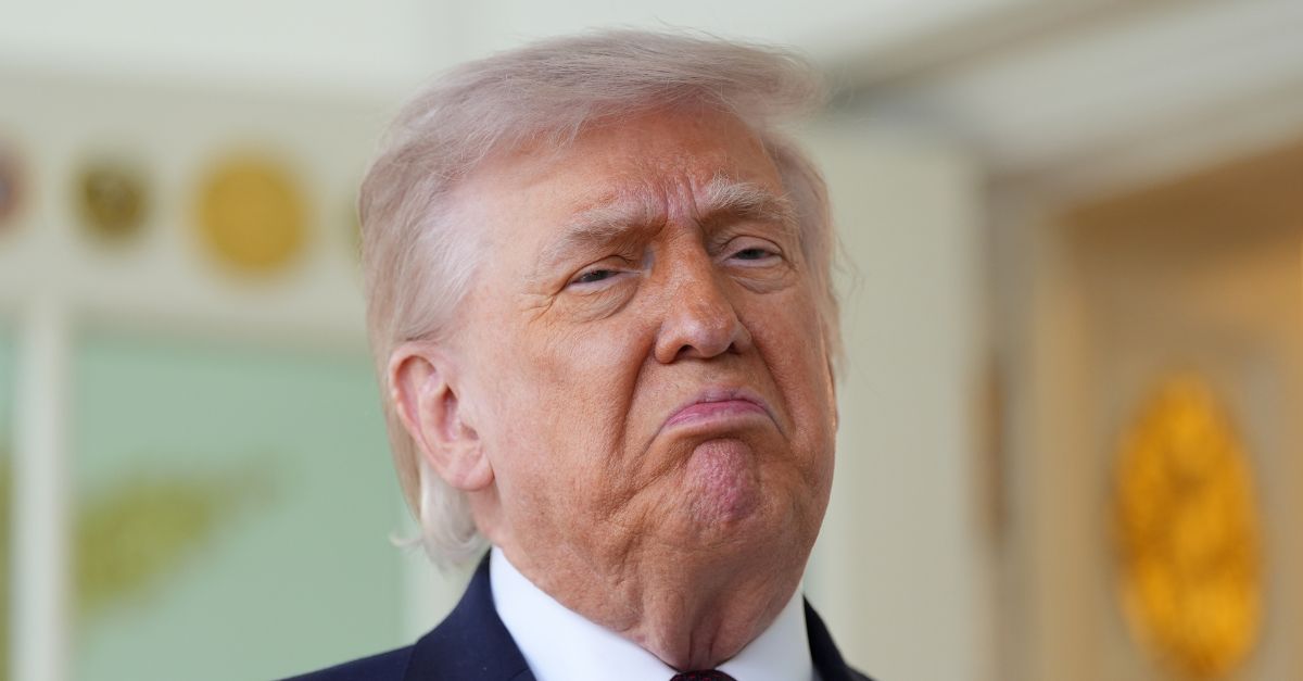 President Donald Trump speaks outside the Oval Office of the White House, Monday, April 13, 2026, in Washington. (AP Photo/Alex Brandon)