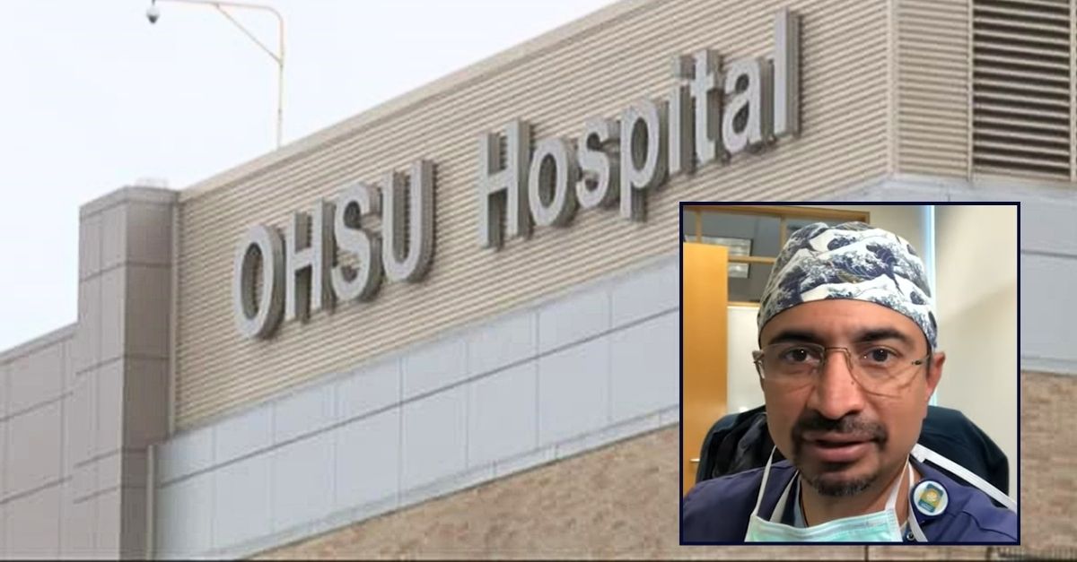 Inset: Dr. Ashok Muralidaran (OHSU/YouTube). Background: An Oregon Health & Science University building (KGW).