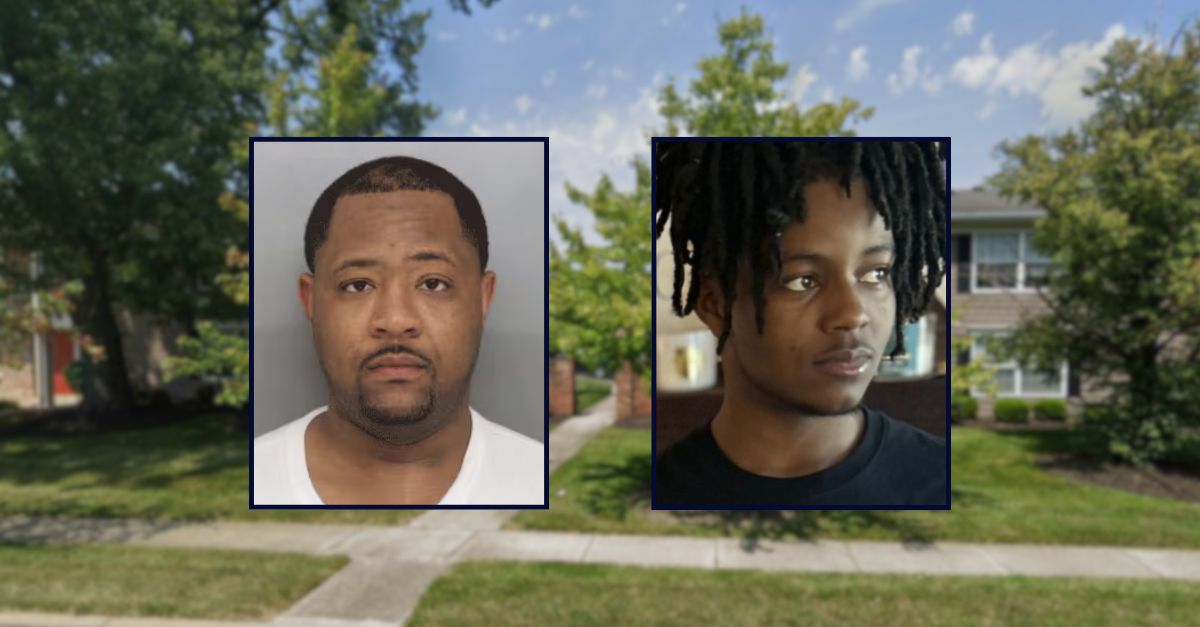 Domynic Elahee appears in a booking photo inset on the left; Jaeden Smith appears in a photo on the right; inset against an image of an apartment complex in Ohio.