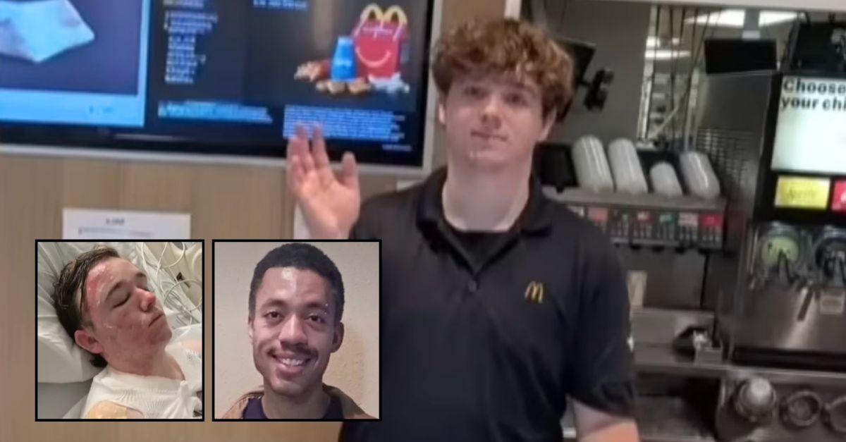 Left inset: Jacob Smith in hospital (KXTV/YouTube). Right inset: Jalani Bluett (Sutter County Sheriff's Office). Background: Jacob Smith working at the McDonald's in California where he was allegedly targeted in a hot oil attack (GoFundMe).