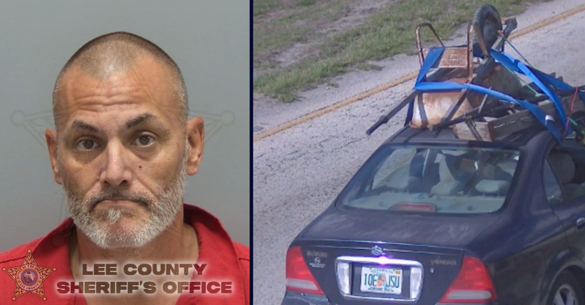 Joshua Cullen on the left; a car with a wheelbarrow and ladder strapped to the top, on the right.