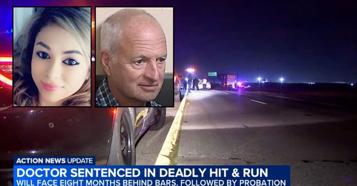 Left inset: Juliana Ramos. Right inset: Dr. James Comazzi. Background: The crash scene in California where Juliana Ramos was hit and killed by Dr. James Comazzi, a cardiologist from Tuolumne County (KFSN).