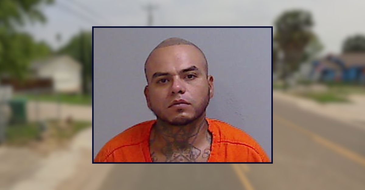 Miguel Angel Ortiz Jr. appears in a booking photo inset against a residential street in Texas.