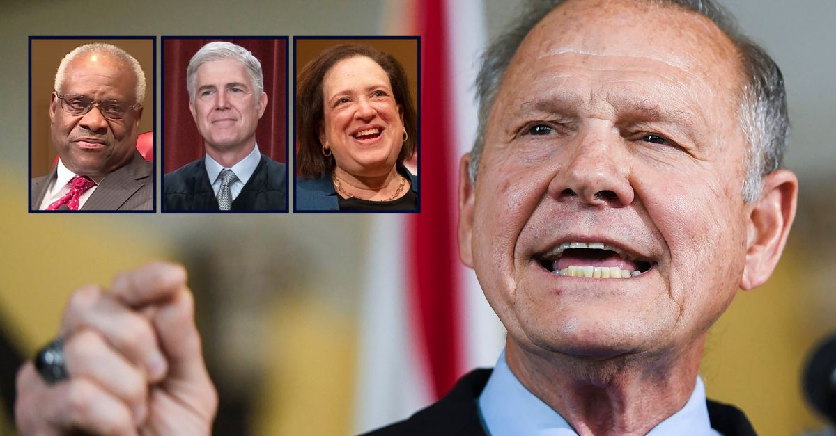 Left to right: Clarence Thomas, Neil Gorsuch, and Elena Kagan are inset against an image of Roy Moore.