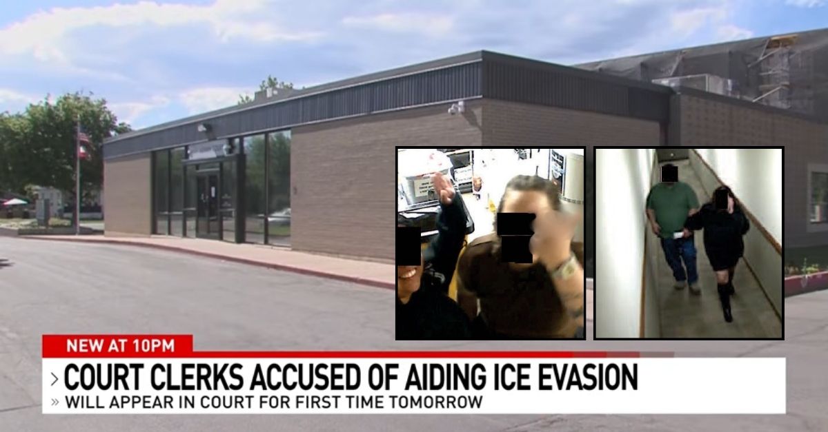 Left inset: Jennifer Joma and Lauren Morrow. Right inset: Utah court clerk Jennifer Joma allegedly taking an immigrant by the hand toward a back door of the Logan City Municipal Justice Court in Logan ((U.S. Department of Justice). Background: The Utah courthouse where Jennifer Joma and Lauren Morrow work as clerks (KUTV/YouTube). 