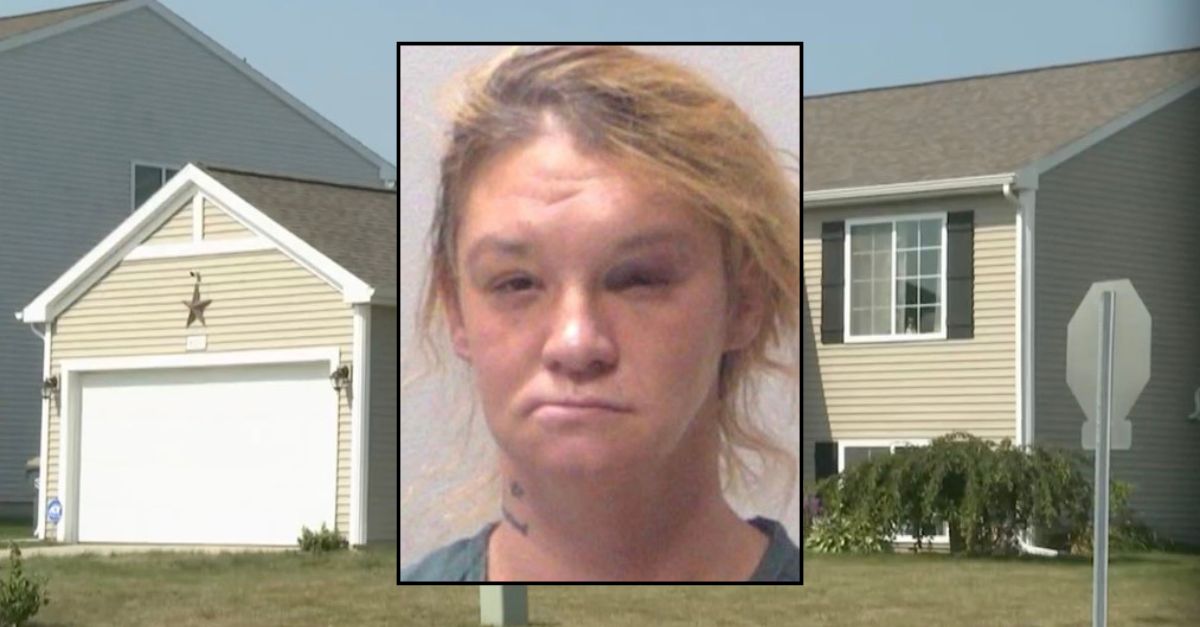 Inset: Brittany L. Groat (Kalamazoo County Sheriff's Office). Background: The Indiana home where Groat allegedly killed her boyfriend last week (WOOD).