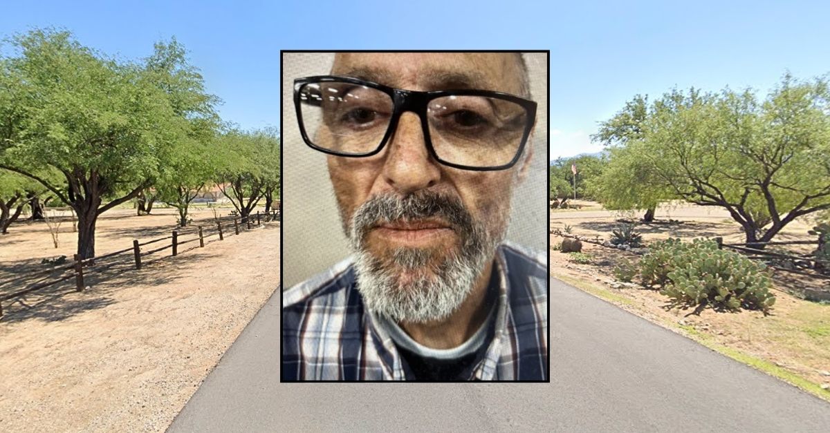 Inset: Clarence Bodiford (Pinellas County Sheriff's Office). Background: The area in Green Valley, Ariz., where Clarence Bodiford allegedly shot two people at a yard sale (Google Maps).