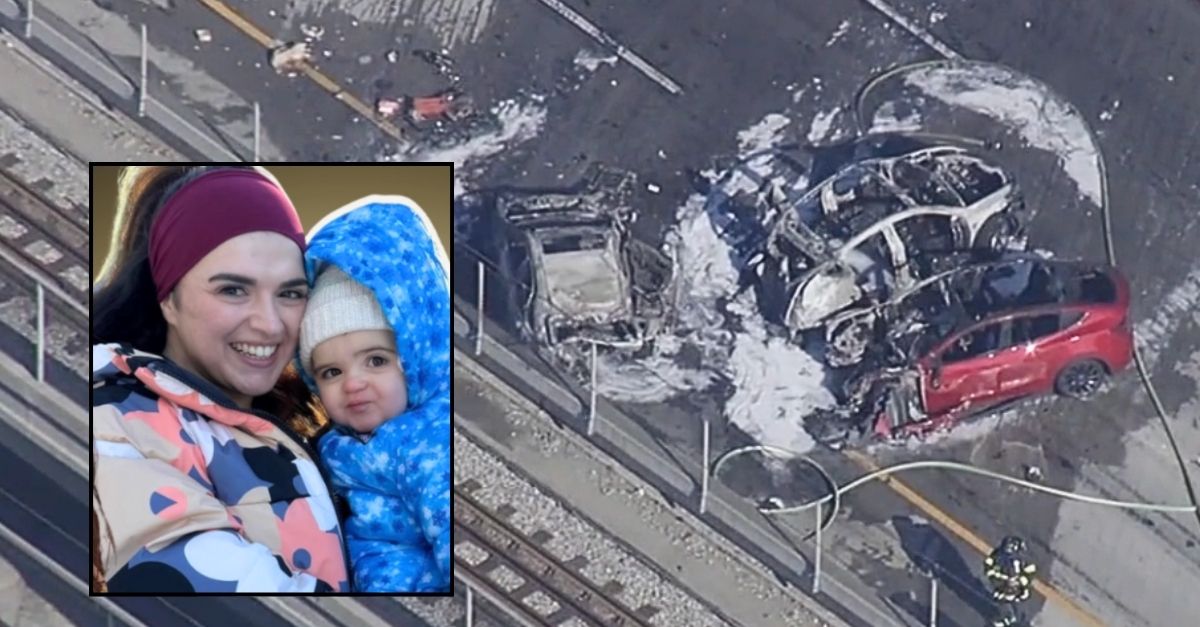 Inset: Ivana Balistreri and her daughter Lilliana (GoFundMe). Background: The scene of the fiery crash that claimed the lives of Ivana Balistreri and her daughter Lilliana in Santa Clara County, Calif. (KGO).