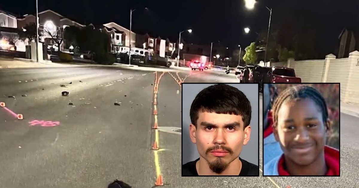Left inset: Jesus Barraza (Las Vegas Metropolitan Police Department). Right inset: Devin Heath (KLAS/YouTube). Background: The area in Las Vegas where Jesus Barraza struck and killed Devin Heath while drag racing (KLAS).