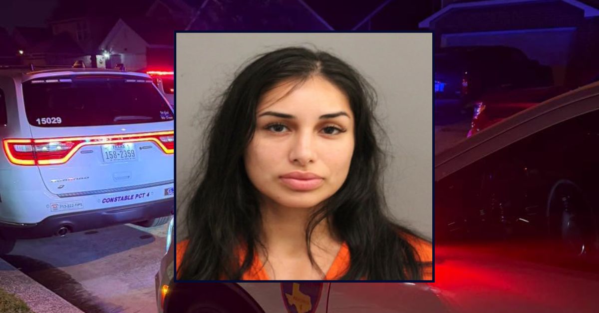 Madeline Colunga appears in a booking photo inset against an image of a residential street swarmed with cop cars at night in Texas.