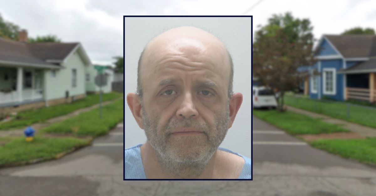 Rudy Minton appears in a booking photo inset against in image of a residential street in Indiana.