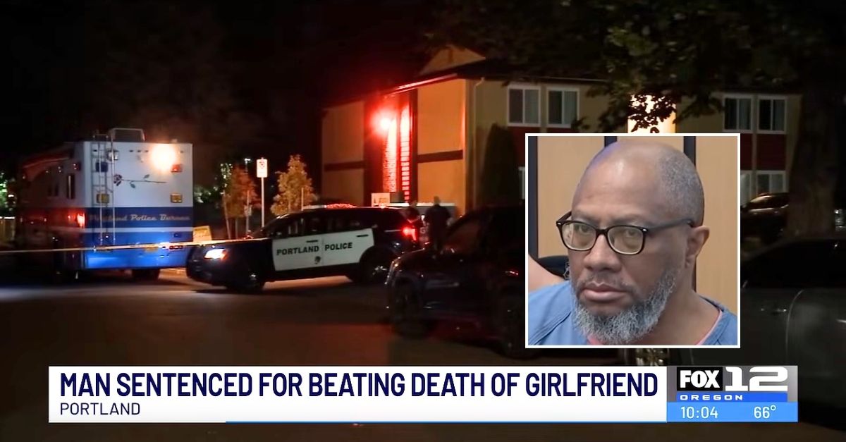 Inset: Vincent Scoggins. Background: The Oregon apartment complex where Vincent Scoggins killed his girlfriend (KOIN/YouTube).