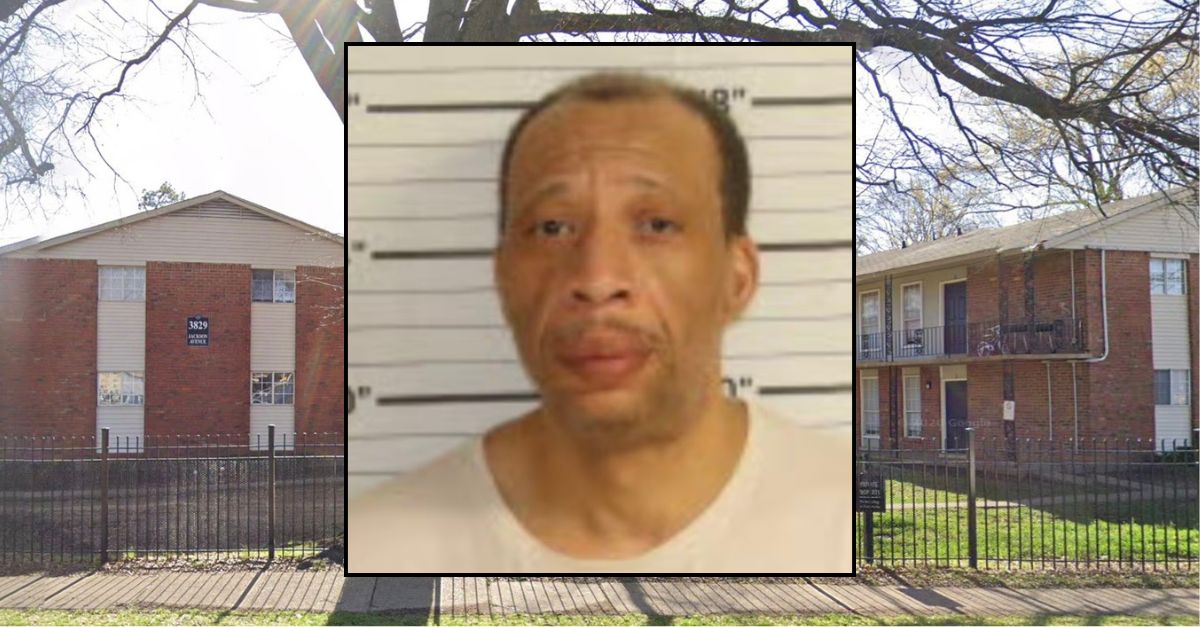Inset: Collan Lee Carter (Shelby County Sheriff's Office). Background: The apartment building where Carter allegedly killed his neighbor (Google Maps).