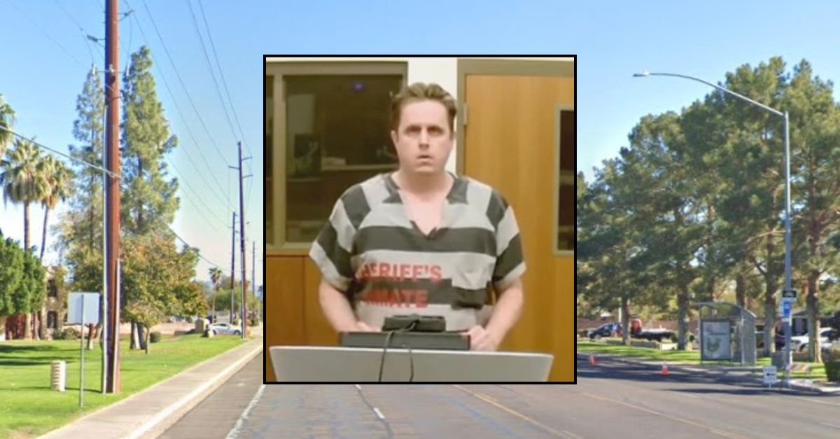 Inset: Nathaniel S. Gotham appearing in court (KSAZ). Background: The area in Arizona where Gotham allegedly tried to kill his wife (Google Maps).