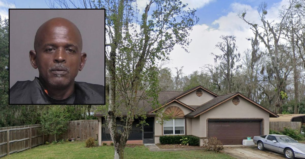 Inset: Jermaine Williams Sr. (Flagler County Sheriff's Office). Background: The Florida home outside of which Williams killed his wife (Google Maps).