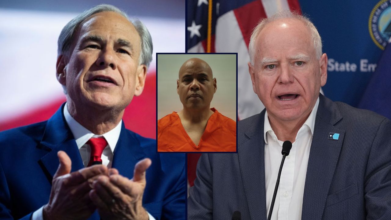 Christian Castro appears inset against images of Gregg Abbott and Tim Walz