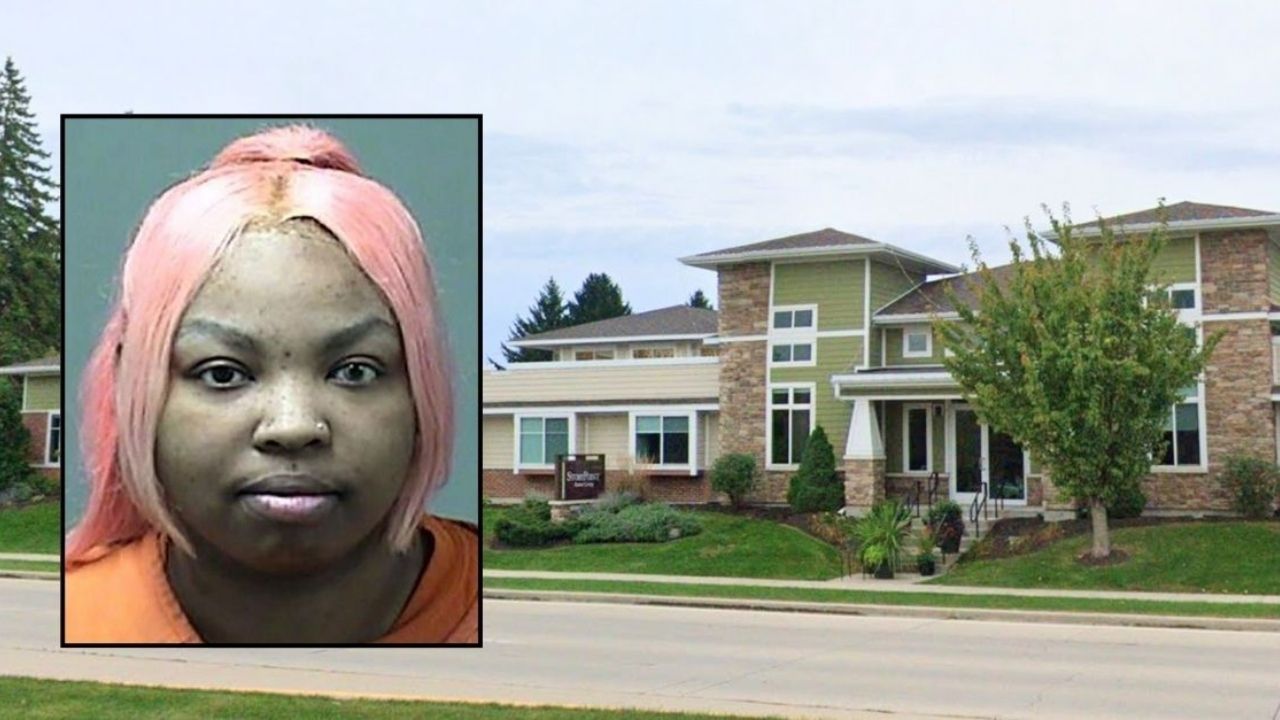 Inset: Abrianna Clark (Ozaukee County Sheriff's Office). Background: Story Point Senior Living in Mequon, Wis., where Abrianna Clark allegedly worked (Google Maps).