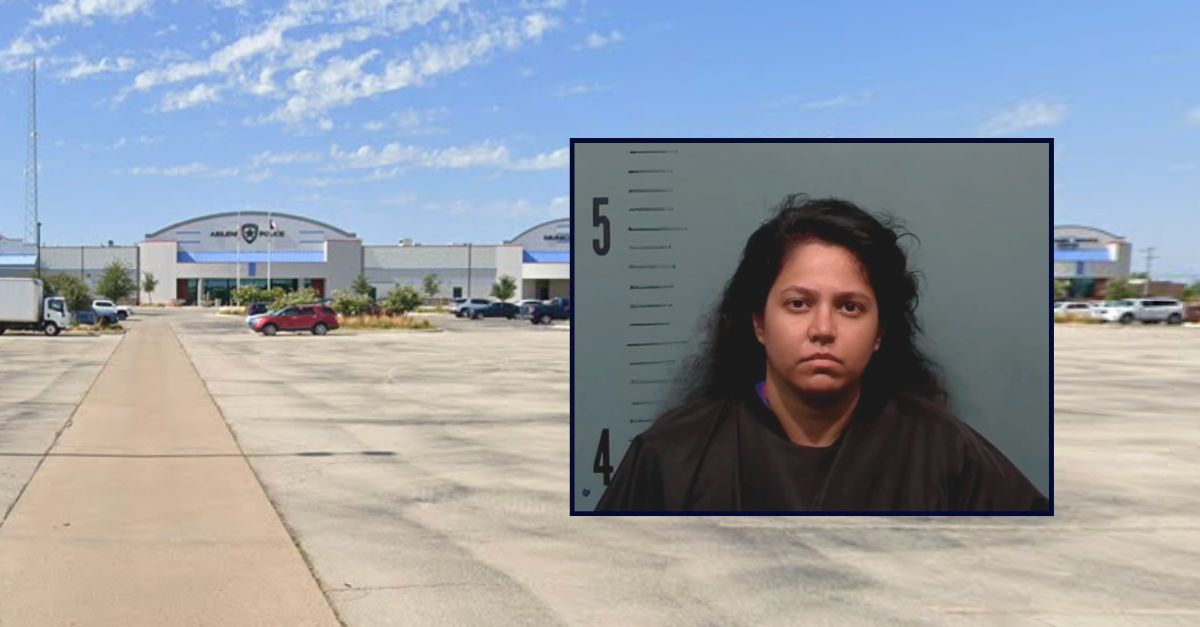 Anum Khalil Khan appears in a booking photo inset against an image of the Abilene Police Department.