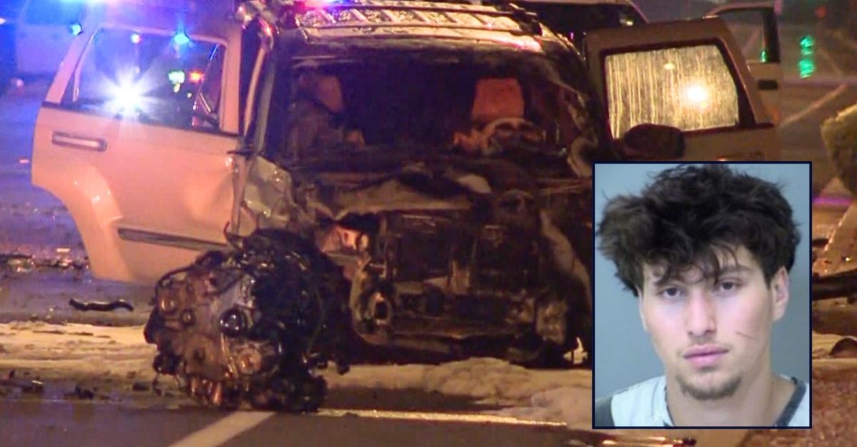 Inset: Bjorn Hartzell (Maricopa County Sheriff's Office). Background: The crumpled Jeep Grand Cherokee that Bjorn Hartzell was driving when he wiped out an Arizona family, killing three children and two parents (KPNX).