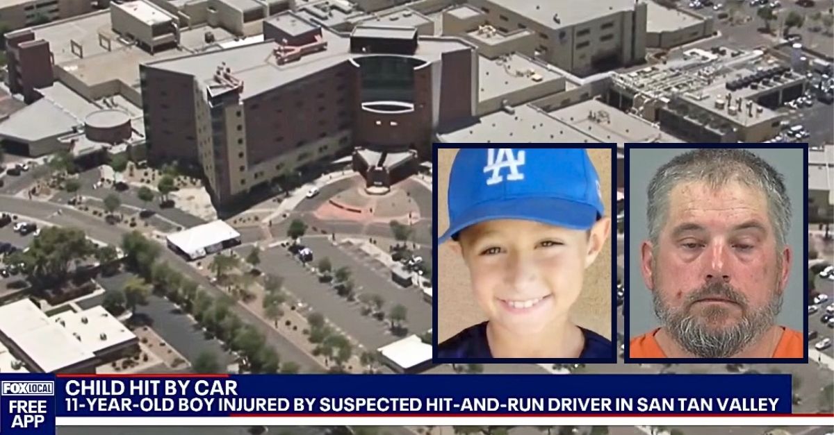 Left inset: Ethan Turner (KSAZ/YouTube). Right inset: Glenn Noordhof (Pinal County Sheriff's Office). Background: The Arizona hospital where Ethan Turner is currently on a ventilator and fighting for his life after being allegedly hit by Glenn Noordhof (KSAZ/YouTube).
