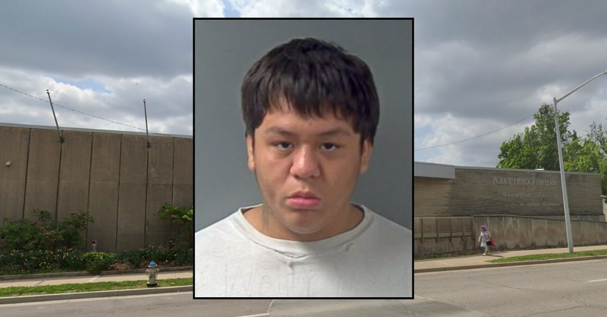 Inset: Kaden Manuel Lewis Shrum (Monroe County Sheriff's Office). Background: The Bloomington Police Station in Indiana (Google Maps).