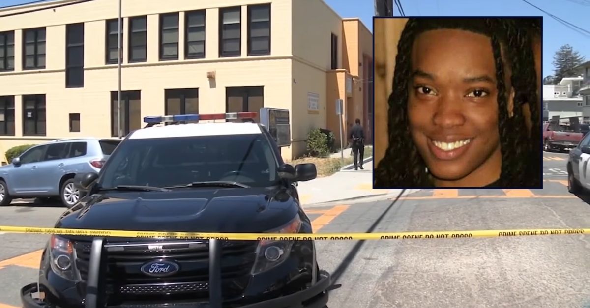 Inset: Kimarii McLemore. Background: The California resource center where Kimarii McLemore was shot and killed on her last day of carpentry school (KTVU/YouTube).