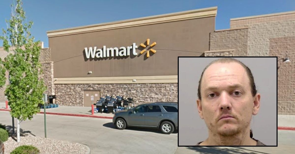 Inset: Luke Barkhaus (23rd Judicial District Attorney's Office). Background: The Colorado Walmart where Luke Barkhaus randomly attacked a 7-year-old boy while he was looking for a Push Pop (Google Maps).