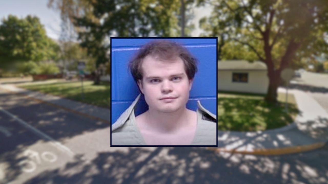 Miles Otis Miller appears in a booking photo inset against an image of a residential street in Montana.