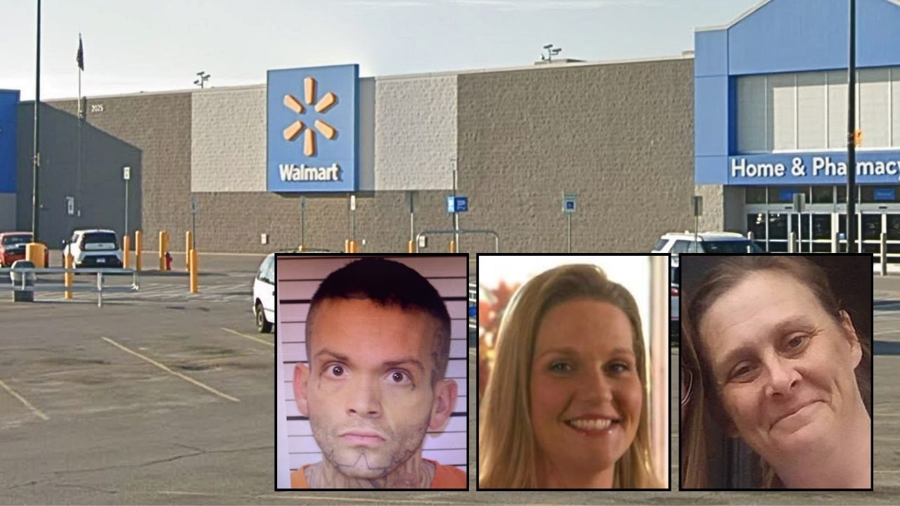 Left inset: Stephen Scott (Butler County Sheriff's Office). Center inset: Margaret Delcour (White-Sanders Funeral Home). Right inset: Wendy Rhodes (Facebook). Background: The Walmart in Missouri that Stephen Scott tried going to after killing Margaret Delcour and Wendy Rhodes (Google Maps).